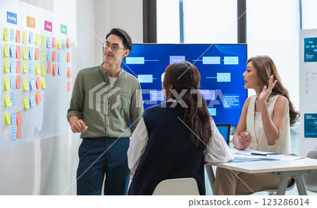 brainstorming session, using sticky notes on a task board (kanban) to organize ideas and workflow in a modern office 123286014