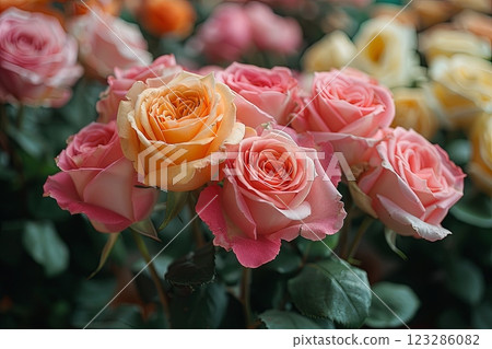 Bunch of pink and yellow roses are arranged together in shop window 123286082