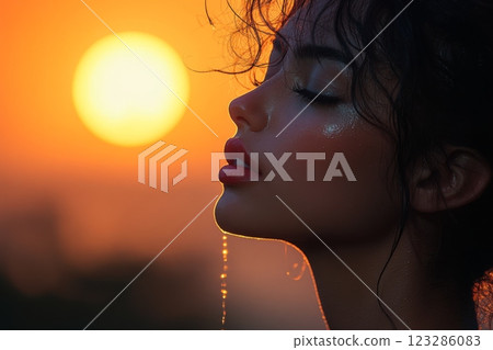 Woman with red lips is looking at the sun 123286083