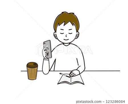 A man enjoying smartphone audio at a cafe on his day off 123286084