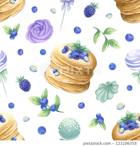 Pancakes with blueberry, blackberry and mint, marshmallow and cake pops watercolor isolated seamless pattern. Hand drawn illustration in purple and green color for kitchen textile, design of pastry. 123286358