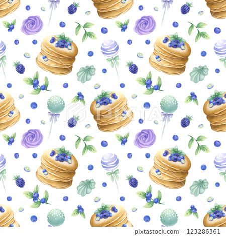 Pancakes with blueberry, blackberry and mint, marshmallow and cake pops watercolor isolated seamless pattern. Hand drawn illustration in purple and green color for kitchen textile, design of pastry. 123286361