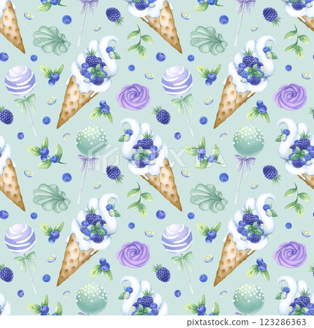 Ice cream with blueberry, blackberry, mint, marshmallow and cake pops watercolor seamless pattern on light green. Hand drawn illustration of delicious desserts for kitchen textile, design of pastry. Ice cream with blueberry, blackberry, mint, marshmallow and cake pops watercolor seamless pattern on light green. Hand drawn illustration of delicious desserts for kitchen textile, design of pastry. 123286363