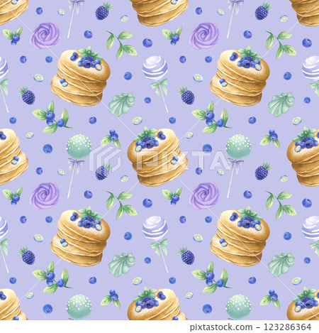 Pancakes with blueberry, blackberry and mint, marshmallow and cake pops watercolor seamless pattern on lilac. Hand drawn illustration of delicious desserts for kitchen textile, design of pastry. Pancakes with blueberry, blackberry and mint, marshmallow and cake pops watercolor seamless pattern on lilac. Hand drawn illustration of delicious desserts for kitchen textile, design of pastry. 123286364