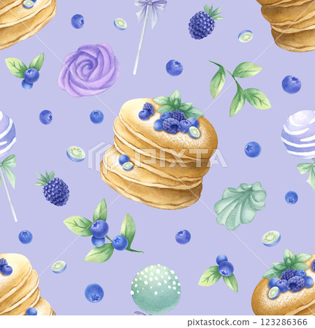 Pancakes with blueberry, blackberry and mint, marshmallow and cake pops watercolor seamless pattern on lilac. Hand drawn illustration of delicious desserts for kitchen textile, design of pastry. Pancakes with blueberry, blackberry and mint, marshmallow and cake pops watercolor seamless pattern on lilac. Hand drawn illustration of delicious desserts for kitchen textile, design of pastry. 123286366