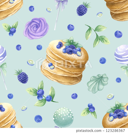 Pancakes with blueberry, blackberry, mint, marshmallow and cake pops watercolor seamless pattern on light green. Hand drawn illustration of delicious desserts for kitchen textile, design of pastry. Pancakes with blueberry, blackberry, mint, marshmallow and cake pops watercolor seamless pattern on light green. Hand drawn illustration of delicious desserts for kitchen textile, design of pastry. 123286367