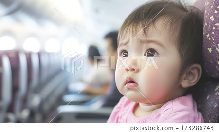 Anxious baby in airplane seat 123286743