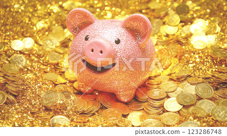 Shiny piggy bank with gold coins 123286748