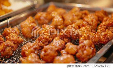 Glazed chicken pieces on display for serving. Glazed chicken pieces on display for serving. 123287170
