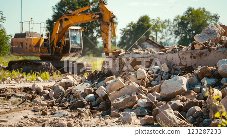 Excavator at work on a demolition site. 123287233