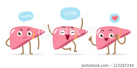 Happy healthy liver . Set of cute medical cartoon characters . Isolated on white background . Vector . 123287248