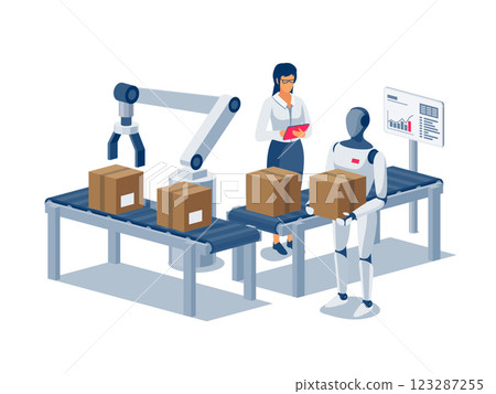 Humanoid robot working on assembly line near conveyor bolt 123287255