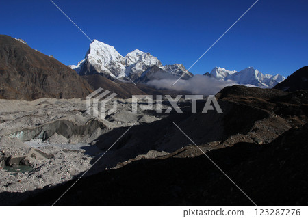Ngozumpa Glacier and high mountains Cholatse, Taboche, Kangtega and Thamserku, Nepal. 123287276