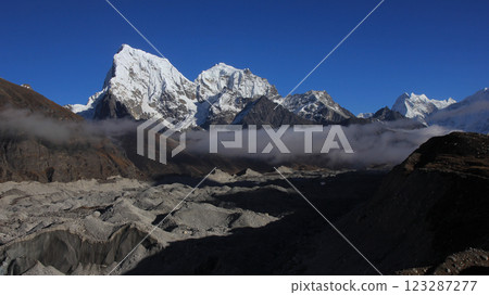 Ngozumpa Glacier, moraine and high mountains Cholatse and Taboche, Nepal. 123287277