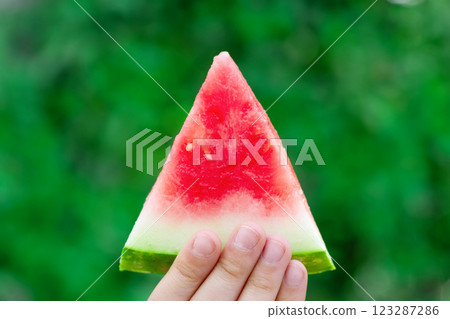Summer vibe - triangle piece of juicy watermelon in a hand. 123287286