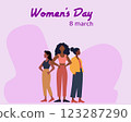 Illustration celebrating Women's Day on March 8. Features three diverse women standing together, symbolizing empowerment, unity, and gender equality 123287290