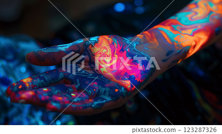 Hand painted with vibrant swirling colors. 123287326