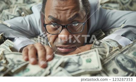 Man submerged in money with a worried look. 123287353