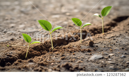 Seedlings growing in a row in fertile soil. 123287362