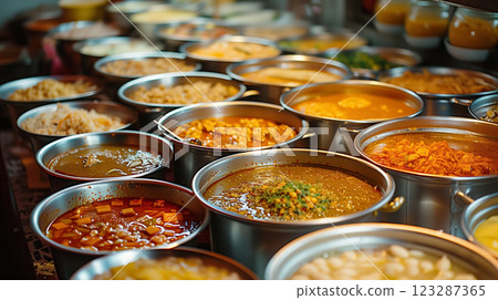 Various soups displayed in large pots. 123287365