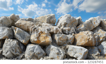 Pile of large white rocks under blue sky. Pile of large white rocks under blue sky. 123287451