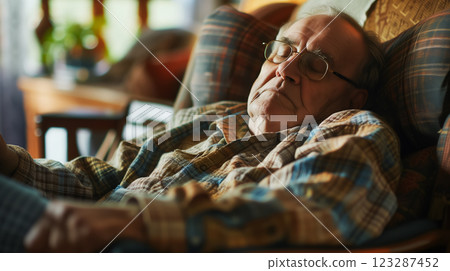 Senior man napping peacefully in a chair. Senior man napping peacefully in a chair. 123287452