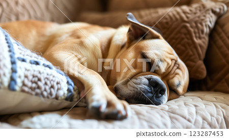 Dog asleep under a blanket on a couch. Dog asleep under a blanket on a couch. 123287453