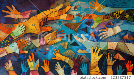 Art mural of colorful hands in abstract style. Art mural of colorful hands in abstract style. 123287517