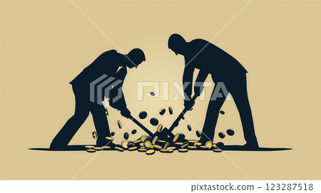 Silhouettes mining coins, symbolizing wealth creation. Silhouettes mining coins, symbolizing wealth creation. 123287518