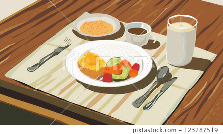 Illustrated breakfast plate with sunny-side up egg. Illustrated breakfast plate with sunny-side up egg. 123287519