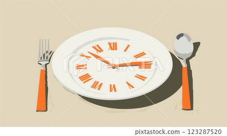 Plate with clock face, fork and spoon. 123287520