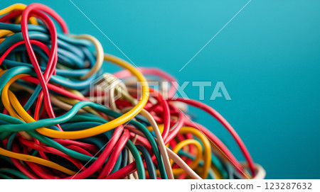 Tangled colorful wires against a blue background. Tangled colorful wires against a blue background. 123287632