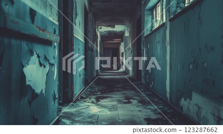 Dark eerie corridor in an abandoned building. Dark eerie corridor in an abandoned building. 123287662
