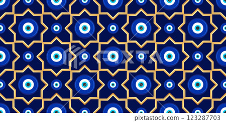 Evil eye seamless pattern. Turkish vector background with blue beads and magic nazar. Mystic Greek amulet is the symbol of protection and luck. Arabic and Mediterranean ethnic wallpaper 123287703