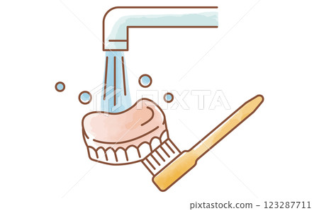 A gentle watercolor illustration of washing dentures in the bathroom 123287711