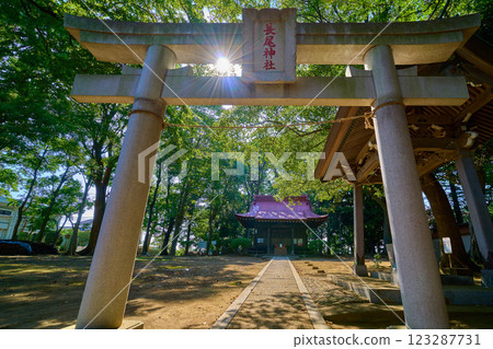 透過神奈川縣川崎市多摩區長尾神社的鳥居可以看到祭祀殿堂 123287731