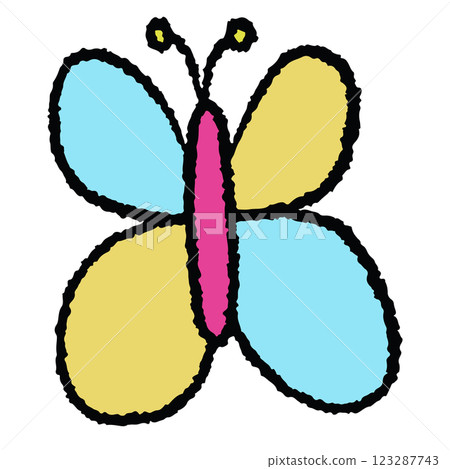Hand drawn crayon illustration of butterfly for animal, spring, summer, flower, cartoon character, patch, brooch, shirt print, nature, garden, blossom, blooming, picnic, zoo, park, souvenir shop, icon Hand drawn crayon illustration of butterfly for animal, spring, summer, flower, cartoon character, patch, brooch, shirt print, nature, garden, blossom, blooming, picnic, zoo, park, souvenir shop, icon 123287743