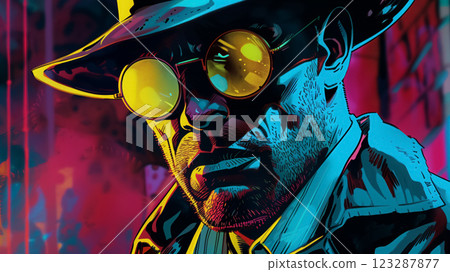 Stylized detective character in a vibrant neon light. 123287877
