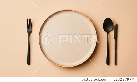 Cutlery, fork, knife, spoon and empty plate on a colored background. AI Generated 123287977