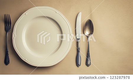 Cutlery, fork, knife, spoon and empty plate on a colored background. AI Generated 123287978