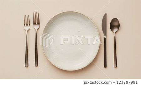 Cutlery, fork, knife, spoon and empty plate on a colored background. AI Generated 123287981