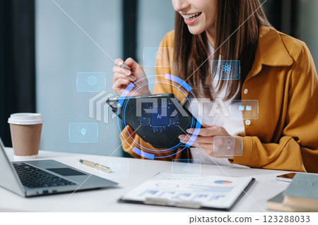 Two Woman using chat bot in smartphone intelligence Ai. Chat with AI Artificial Intelligence, developed by OpenAI generate. robot in online system. Two Woman using chat bot in smartphone intelligence Ai. Chat with AI Artificial Intelligence, developed by OpenAI generate. robot in online system. 123288033