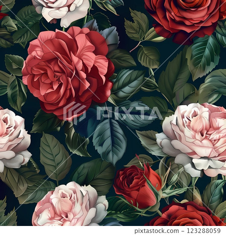 Seamless picture of red and white roses Crimson roses convey passion and romance. 123288059