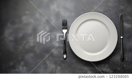 Cutlery, fork, knife, spoon and empty plate on a colored background. AI Generated 123288085