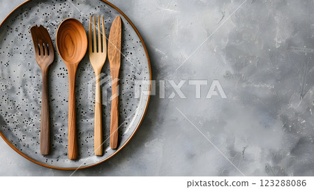Cutlery, fork, knife, spoon and empty plate on a colored background. AI Generated 123288086