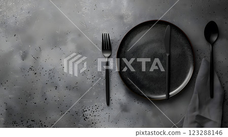 Cutlery, fork, knife, spoon and empty plate on a colored background. AI Generated 123288146