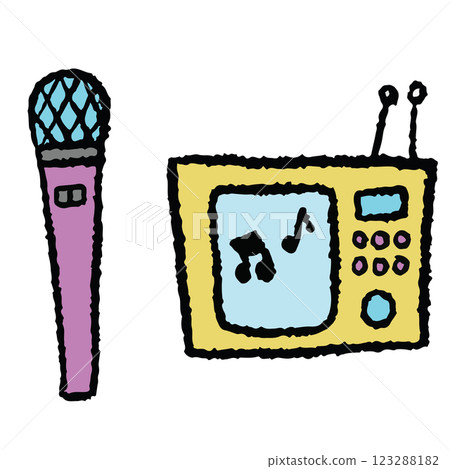Hand drawn crayon illustration of microphone and television for decoration, song, singer, music composer, artist, entertainment, department store, sticker, hobby, leisure time, patch, fridge magnet Hand drawn crayon illustration of microphone and television for decoration, song, singer, music composer, artist, entertainment, department store, sticker, hobby, leisure time, patch, fridge magnet 123288182