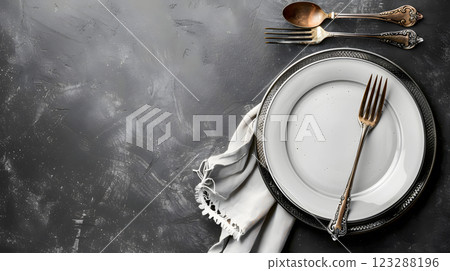 Cutlery, fork, knife, spoon and empty plate on a colored background. AI Generated Cutlery, fork, knife, spoon and empty plate on a colored background. AI Generated 123288196