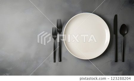 Cutlery, fork, knife, spoon and empty plate on a colored background. AI Generated 123288204