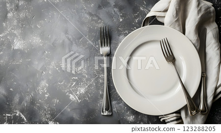 Cutlery, fork, knife, spoon and empty plate on a colored background. AI Generated 123288205
